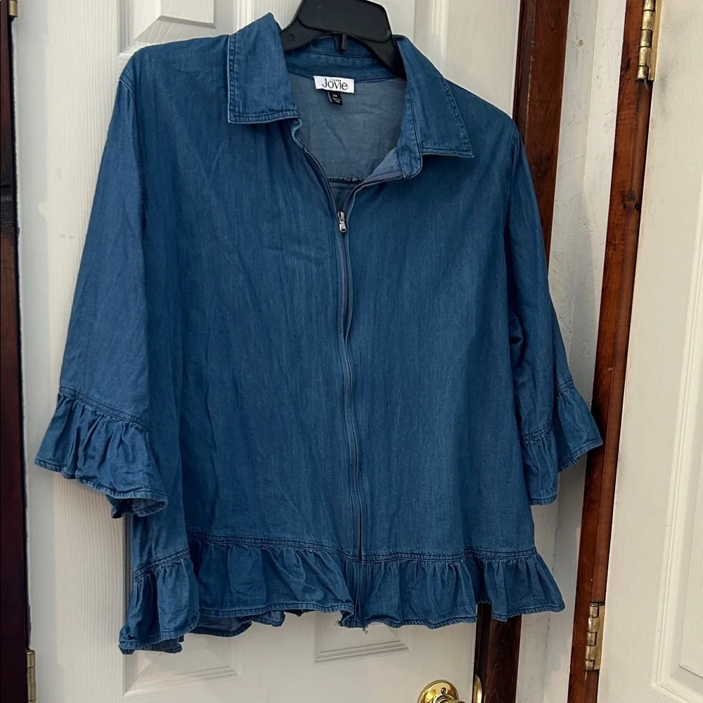 Blue Denim Ruffle Zip-Front Jacket - Picture 1 of 7